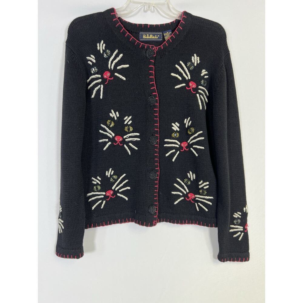 Vintage Belle Pointe Beaded Cat Cardigan Sweater Womens Sz M Novelty Fun
